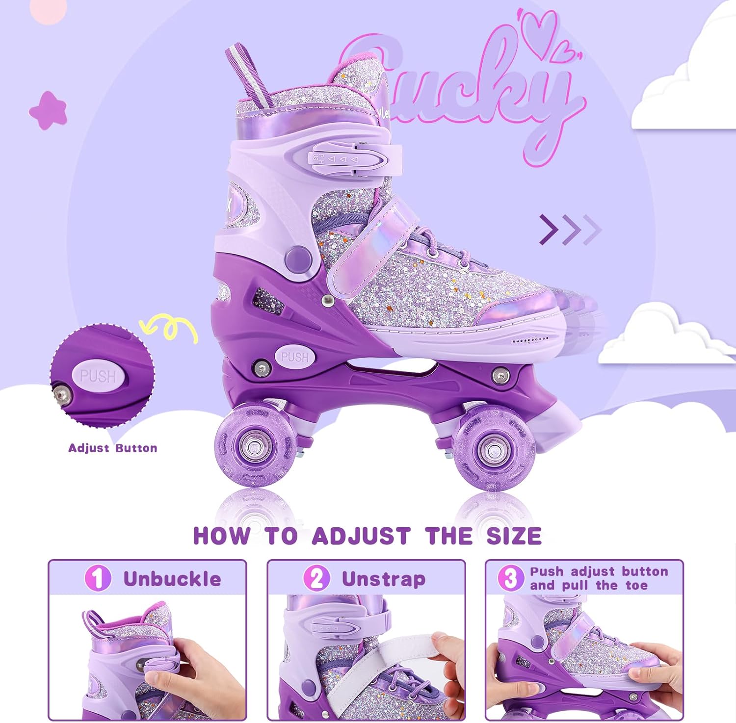 Roller Skates for Girls Kids Child Beginners, 4 Size Adjustable Light up Wheels Fun Illuminating Purple Pink Skates for Boys Toddlers Patines