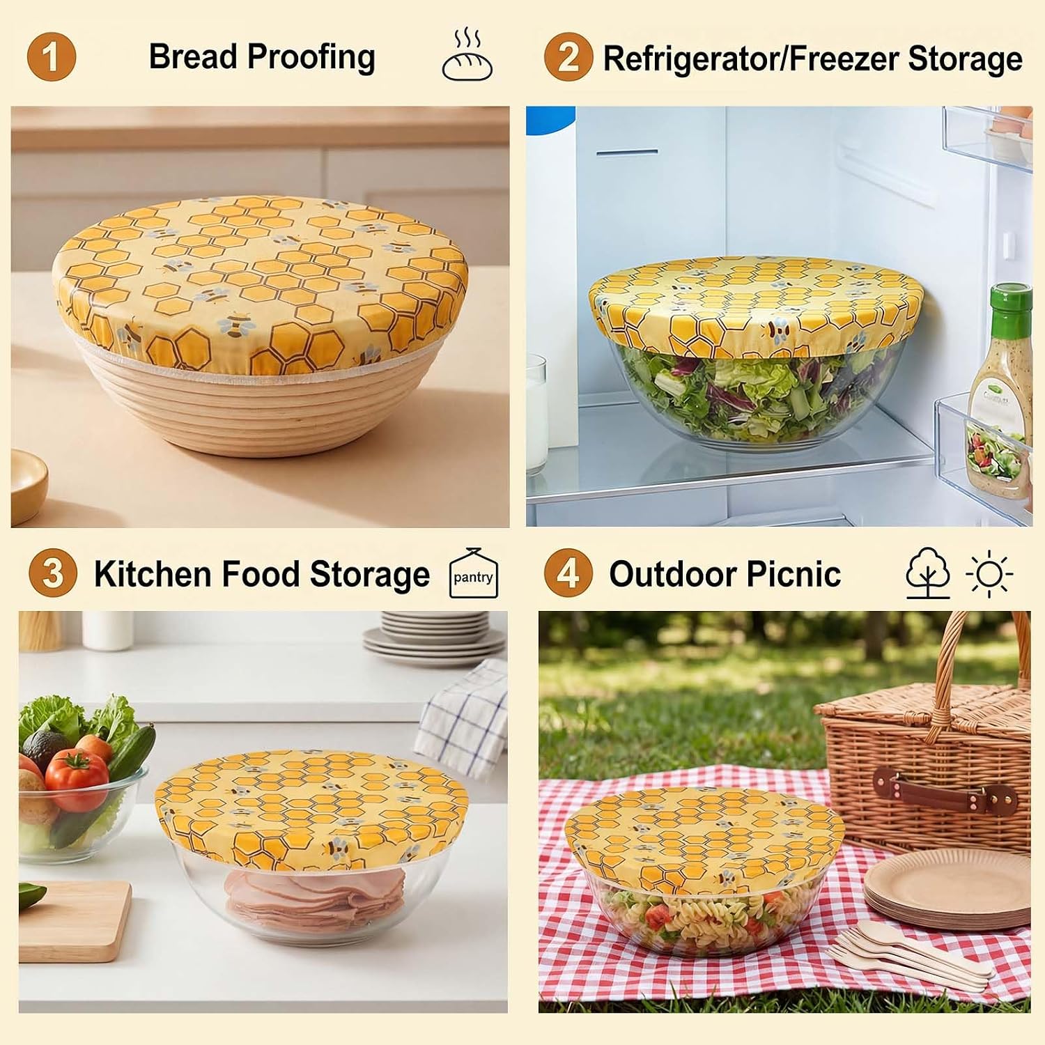 Beeswax Bowl Covers Reusable 12 Inch, 2 Pack Bread Bowl Cover for Sourdough Proofing, Elastic Cotton Bees Wax Wraps for Mixer Bowls, Baskets, Fermentation Food Storage