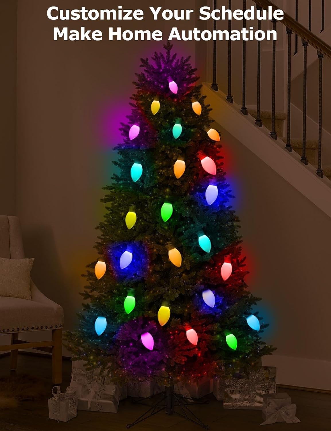 HIITEN Smart C9 Christmas Lights Outdoor 66ft, 100 LED RGBW Chasing Effects Xmas Lights Outdoor, APP and Remote Controlled with Timer Music Sync, Extendable LED Christmas Lighting for House Tree