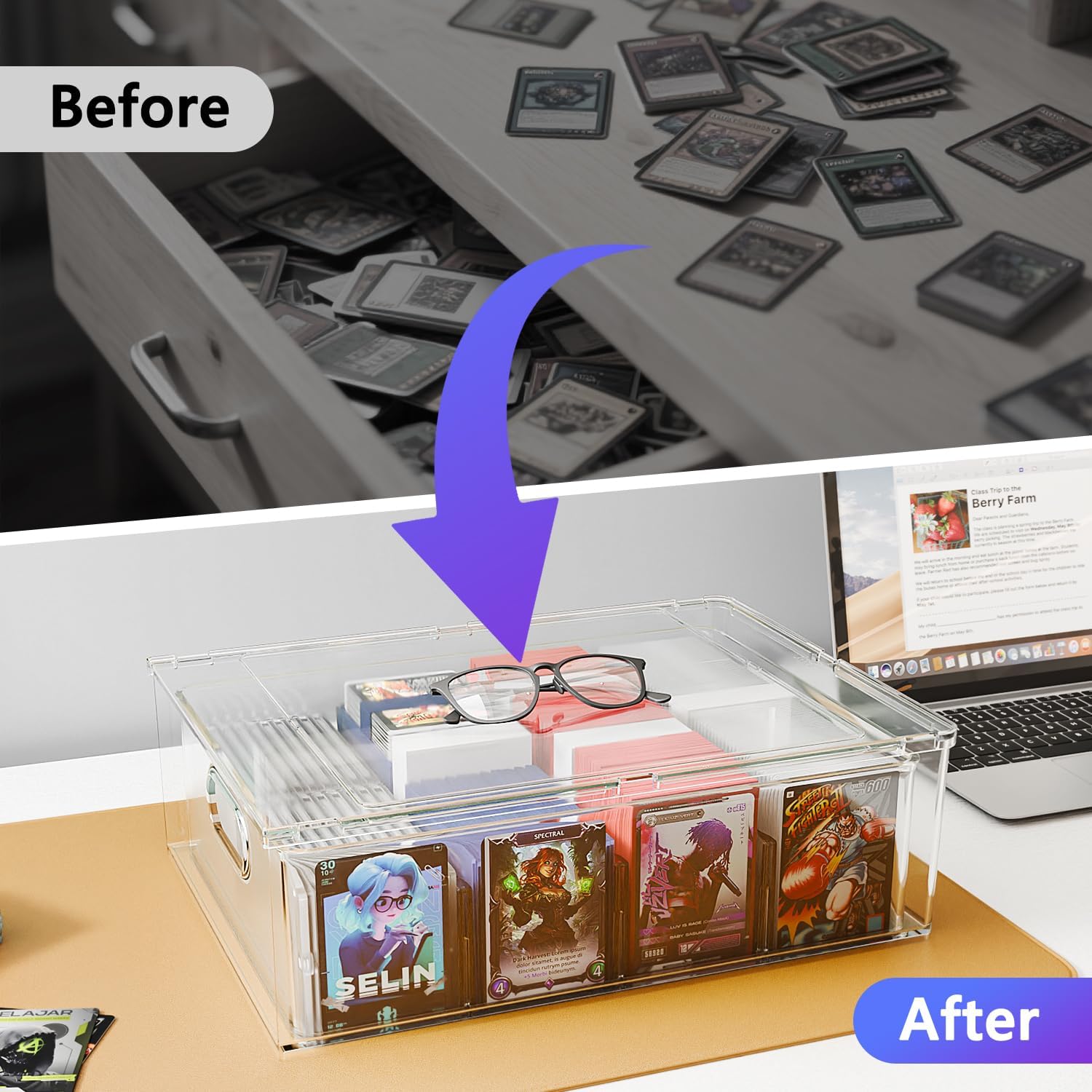 Trading Card Storage Box – Clear Large Card Organizer Holds 6400 Cards with Dividers and Foam Blocks – Display Case for TCG, MTG & Sports Cards(2-Pack)