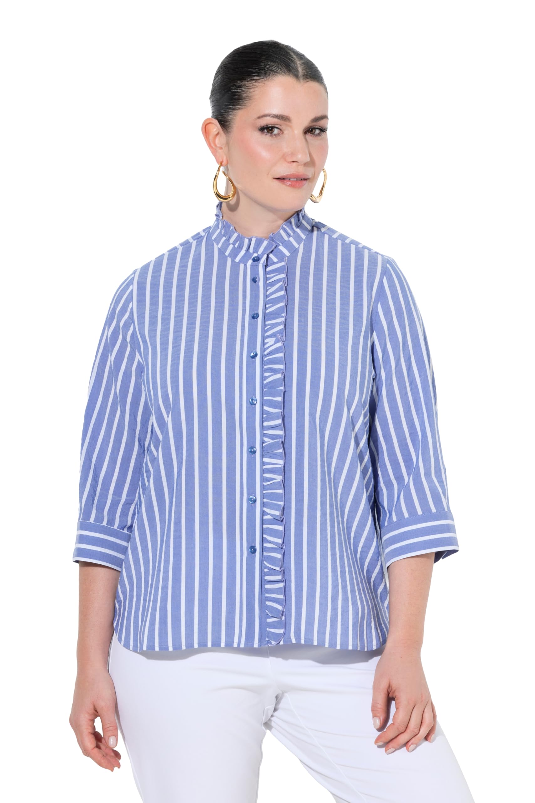 Ulla Popken Damen große Größen Übergrößen Plus Size Seersucker-Bluse, A-Linie, Stehkragen, 3/4-Arm, Rüschen 849078