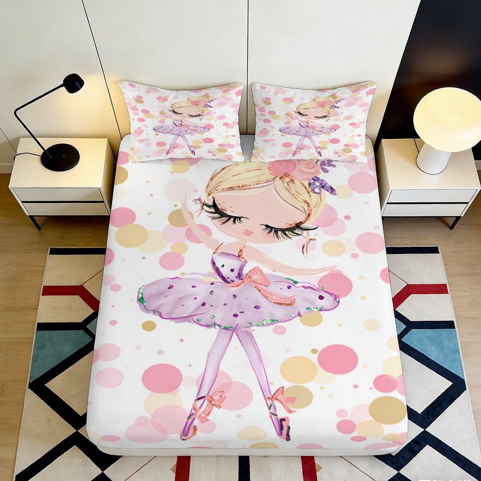 3D Printed Ballerina Dancer Fitted Sheet Microfiber Soft Pastel Polka Dot Mattress Cover for Bedroom Dorm Mattress Protection Decor 120x200x25cm