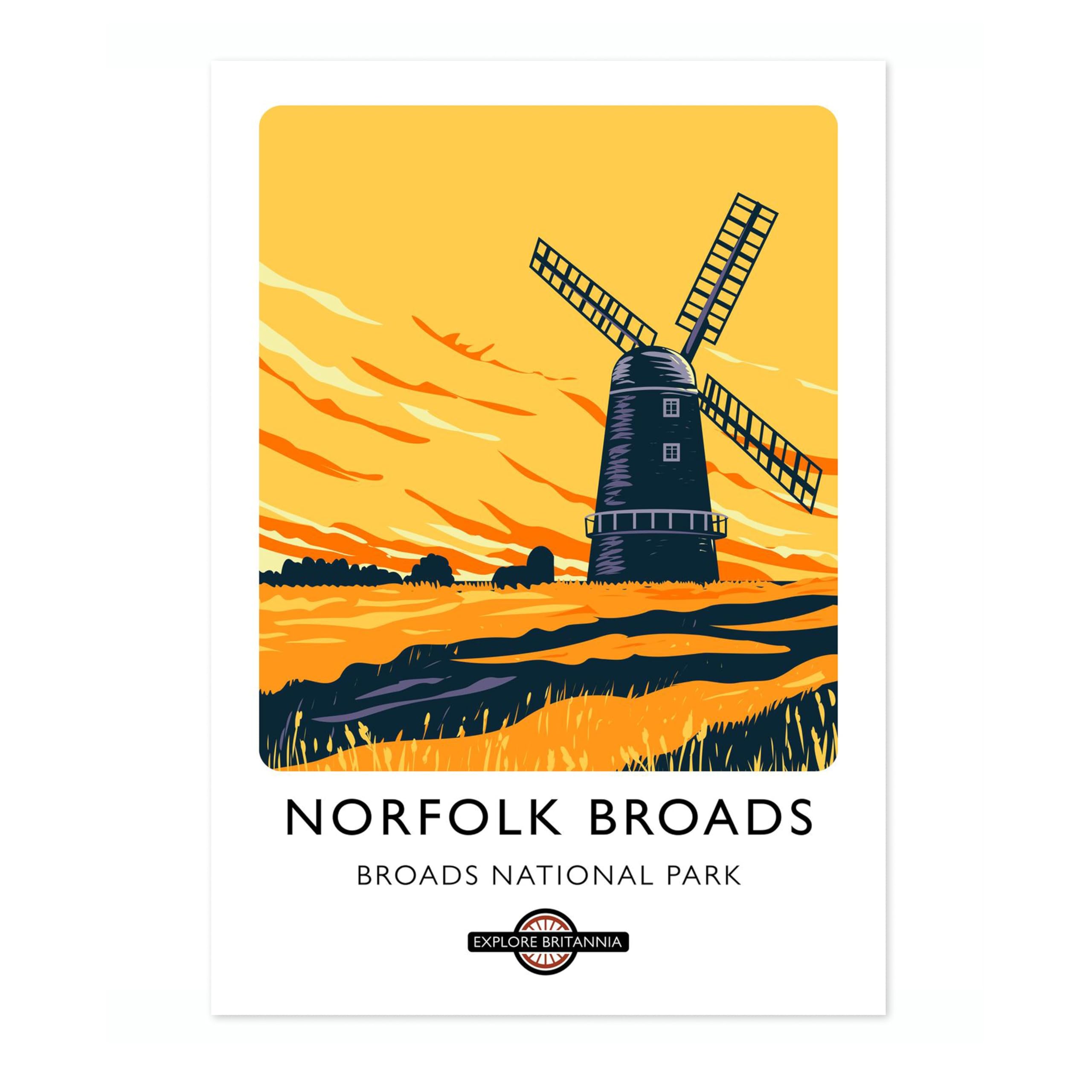 Norfolk Broads, Broads National Park England Travel Poster, Explore Britain Modern Illustration Destination Print, Modern British UK Living Room Decor, 50x70cm (Print Only) - 50x70cm — image 1