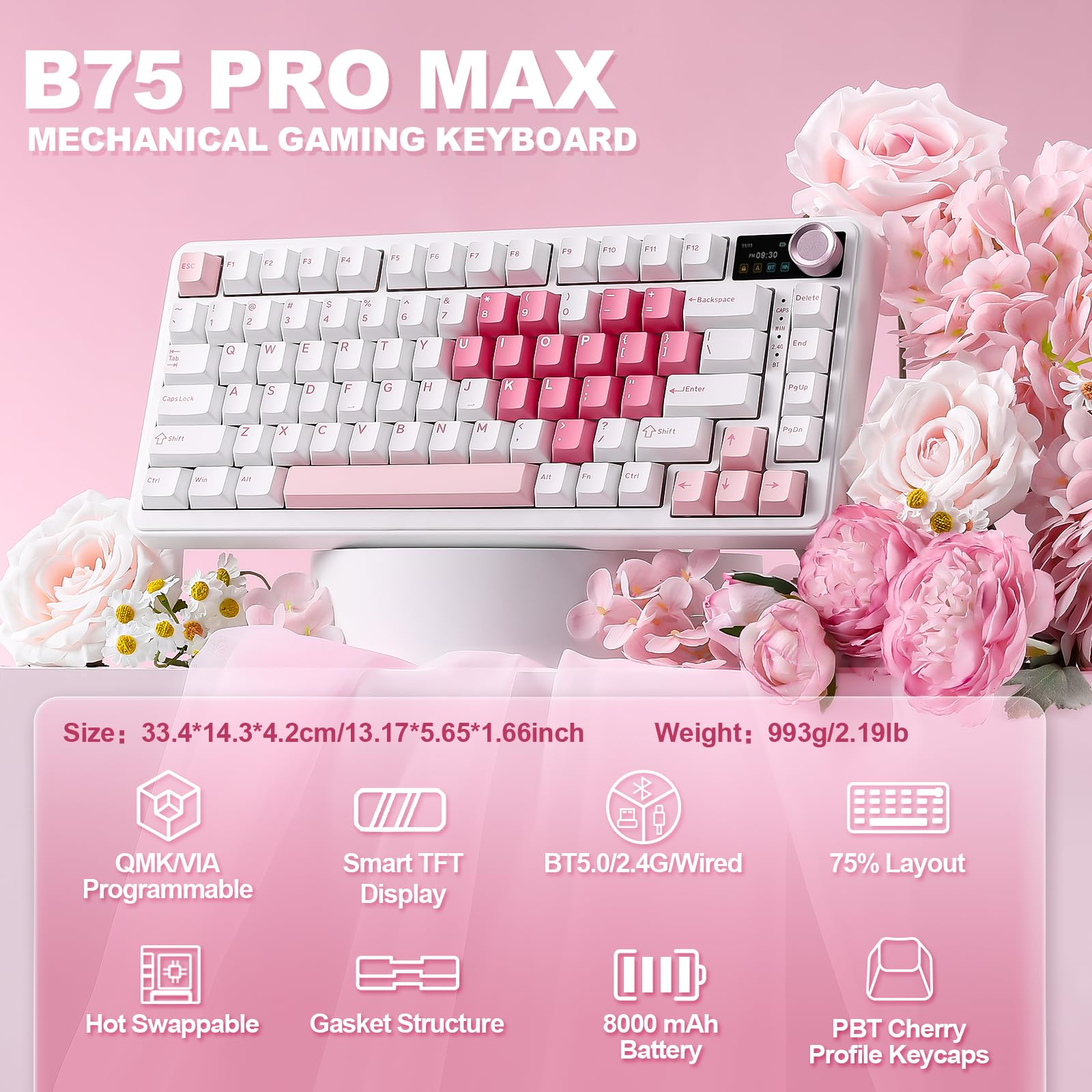 YUNZII B75 Pro MAX Teclado Mecánico Inalámbrico, Diseño 75% con Pantalla TFT y Control Giratorio, Hot Swap, QMK/Via, RGB, BT/USB-C/2,4G para Win/Mac (Corazón Blanco, Candy Switch) - 3