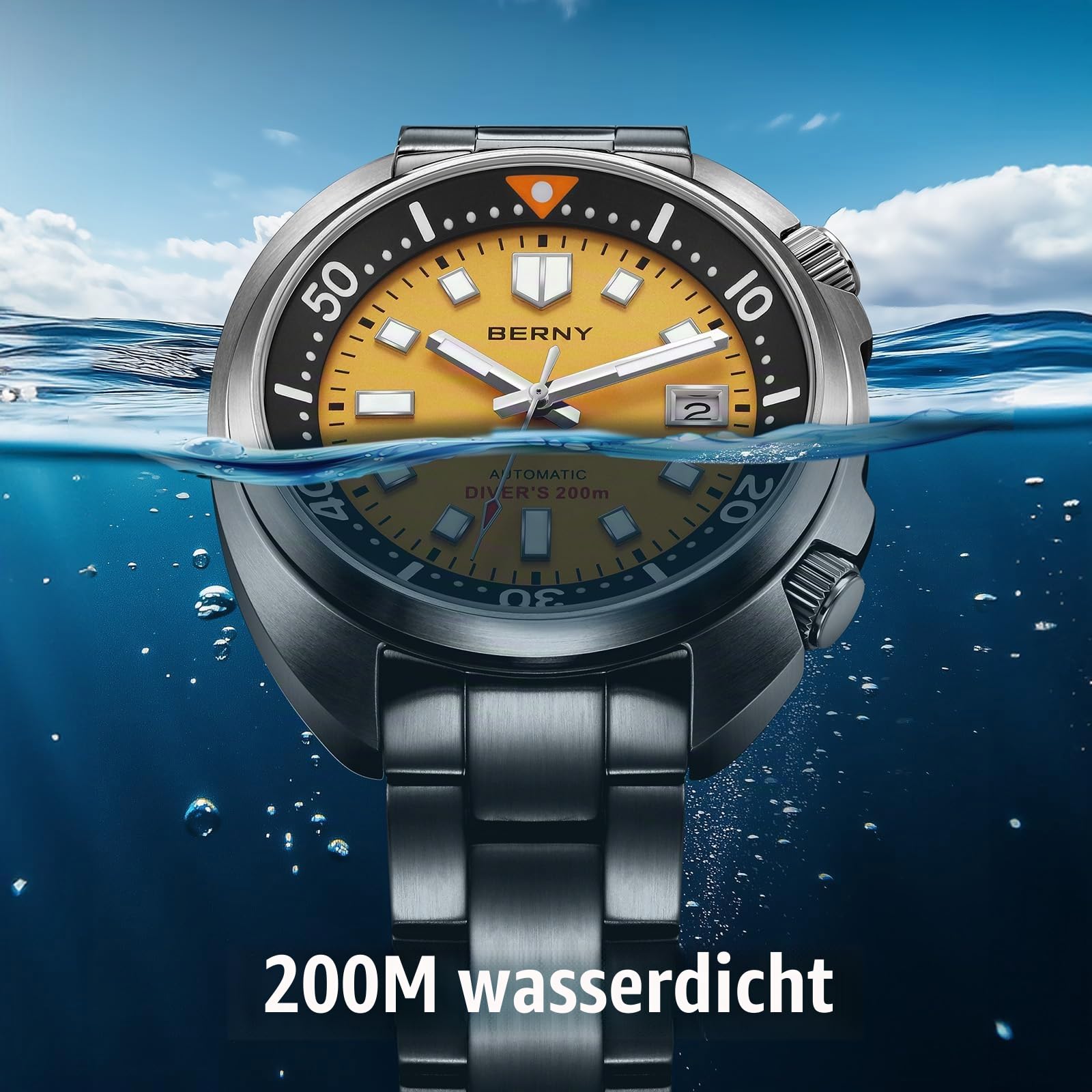 BERNY Automatische Herrenuhr Tauchuhr 20ATM Wasserdicht Herrenanaloge Mechanische Armbanduhr mit Superluminisierter Voll Edelstahl AR-Koating Saphirglas Mode Tauchuhr Geburtstagsgeschenk