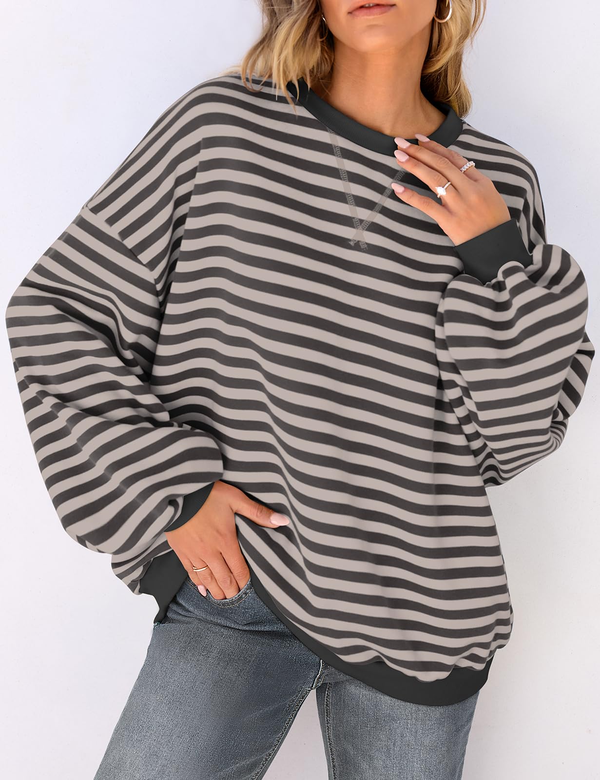Damska oversize bluza UEU w paski z okrągłym dekoltem, długim rękawem i kolorowymi blokami, casualowy, luźny pulower do ćwiczeń i na co dzień.