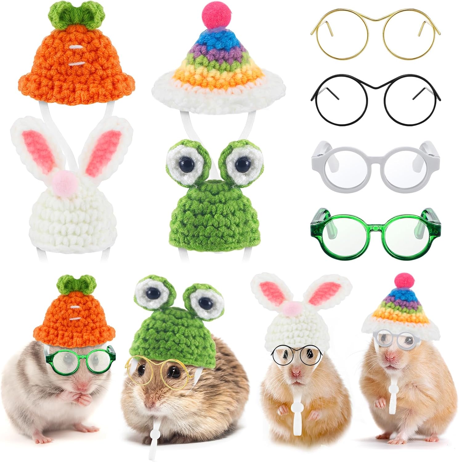 Silkfly 8 Pcs Hamster Hat Pet Round Costume Glasses Includes 4 Pcs Knitted Cute Animals Hat with Adjustable Strap and 4 Pairs of Mini Pet Glasses for Small Animals Lizards Guinea Pig Clothes Accessory
