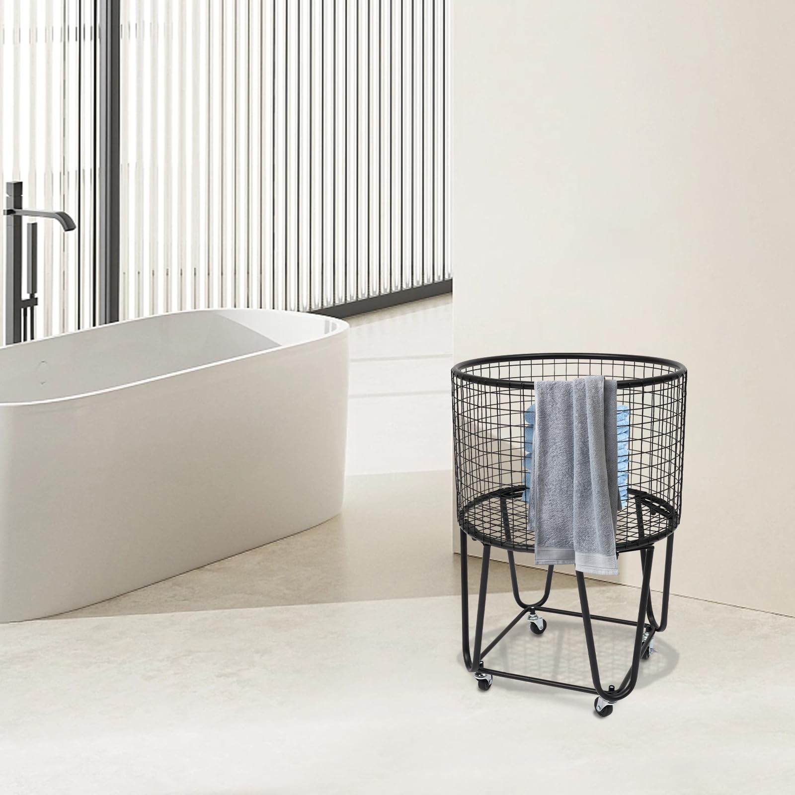 Cesto Portabiancheria con Ruote, Carrello Portaoggetti in Rete Metallica Maniglie, Contenitore Mobile per La Selezione dei Vestiti, Organizer Biancheria Filo Metallico Black Round