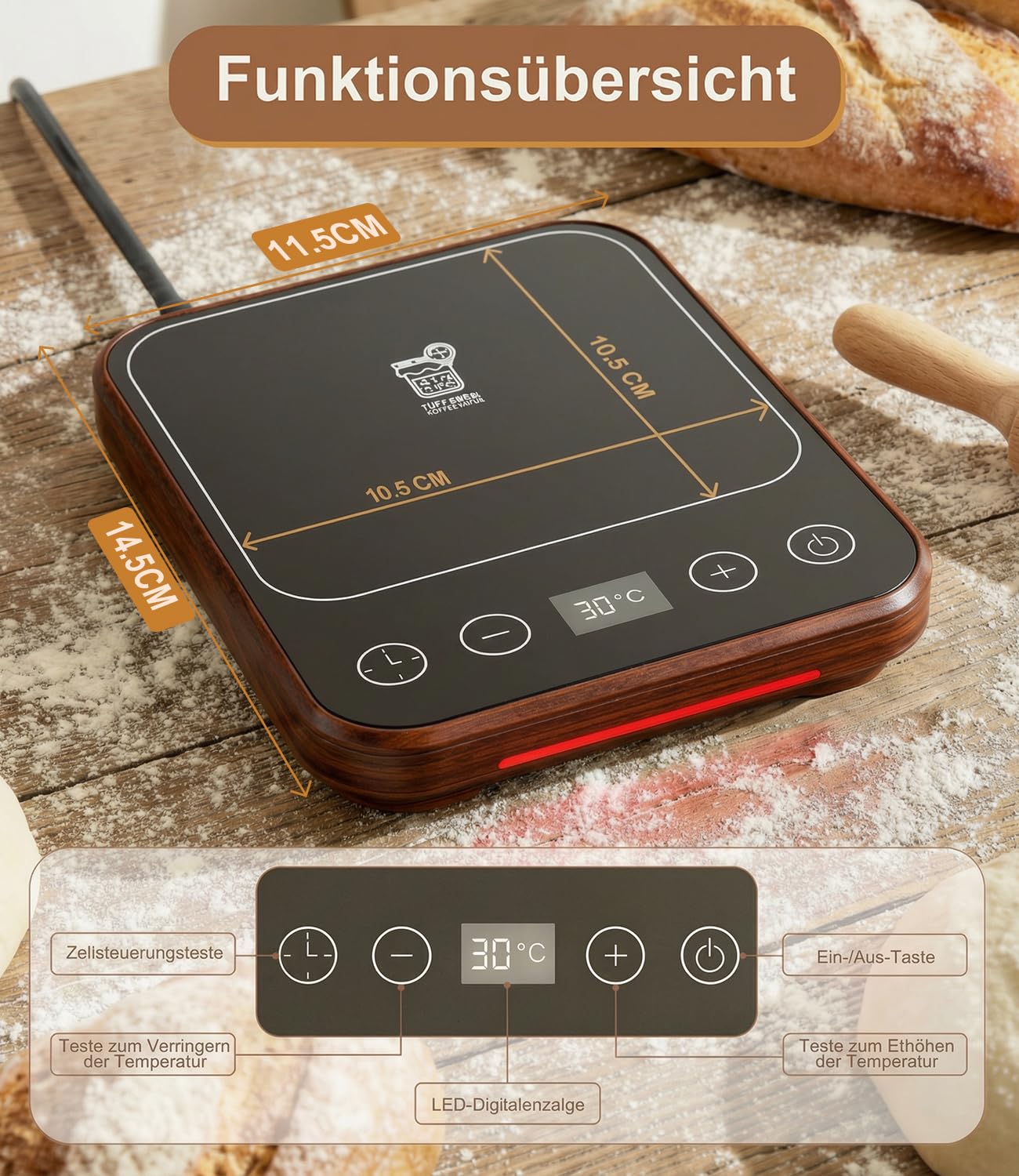 SauerteigStarterWärmer, 21℃-38℃ Wärmeplatte Präzise 1℃ Thermostat, Wärmematte Sauerteig mit 12-Stunden-Timer & Speicherfunktion, intelligenter Wärmer für Kombucha, Joghurt und Bierfermentation