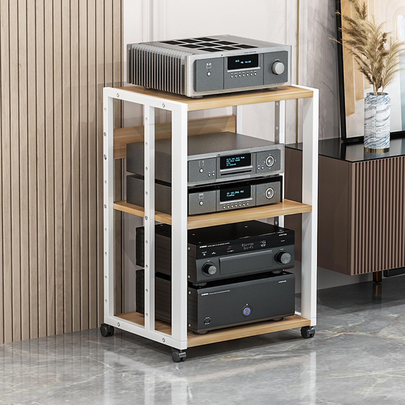 Modern Media Stand, Movable 3/4/5-Tier Audio/Video Component Cabinet Stereo Rack CD Player Stand Media Center with Height Adjustable Wooden Shelf for Home/Office/Theater(Color:White,Size:3 Tier)