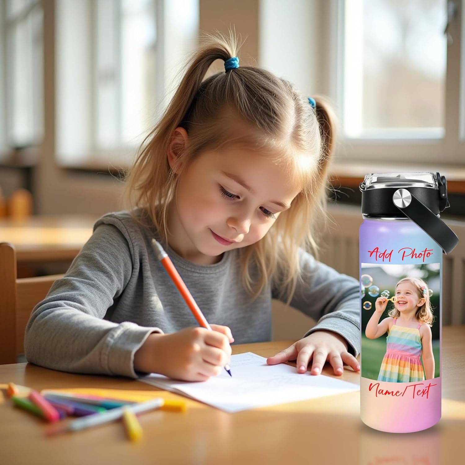Personalized Kids Water Bottle with Name Photo Text, Back to School Gifts for Boys Girls, 18oz Custom Cup with Straw, Customized Tumbler with 12 Colors, Christmas Birthday Gifts (Photo/Text) - Image 2