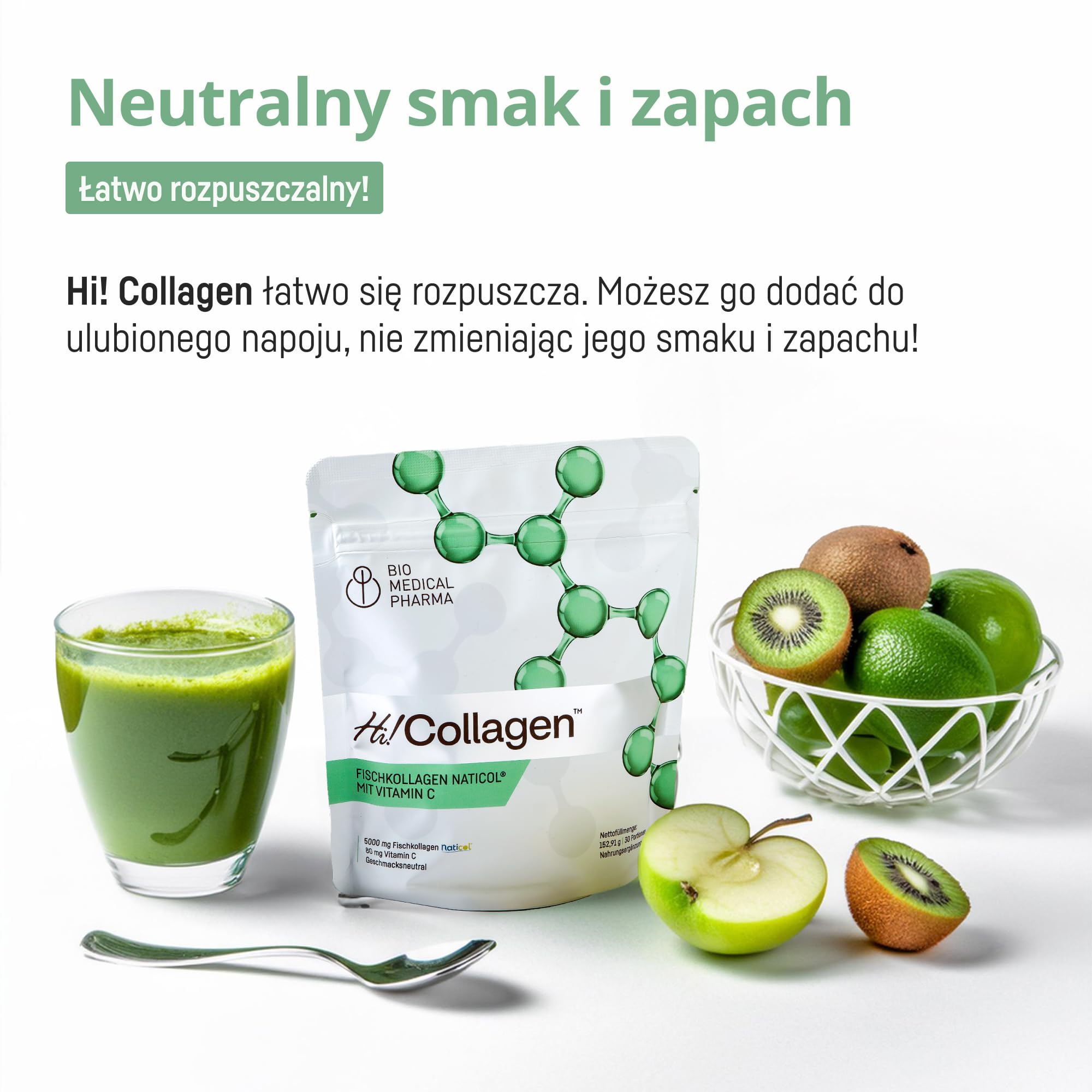 Kolagen morski hydrolizowany w proszku z witaminą C – Naticol 5000 mg, peptydy 2000 Dalton – Typ I i III – Czysty, bez smaku – Hi Collagen (30 porcji, 1 miesiąc)