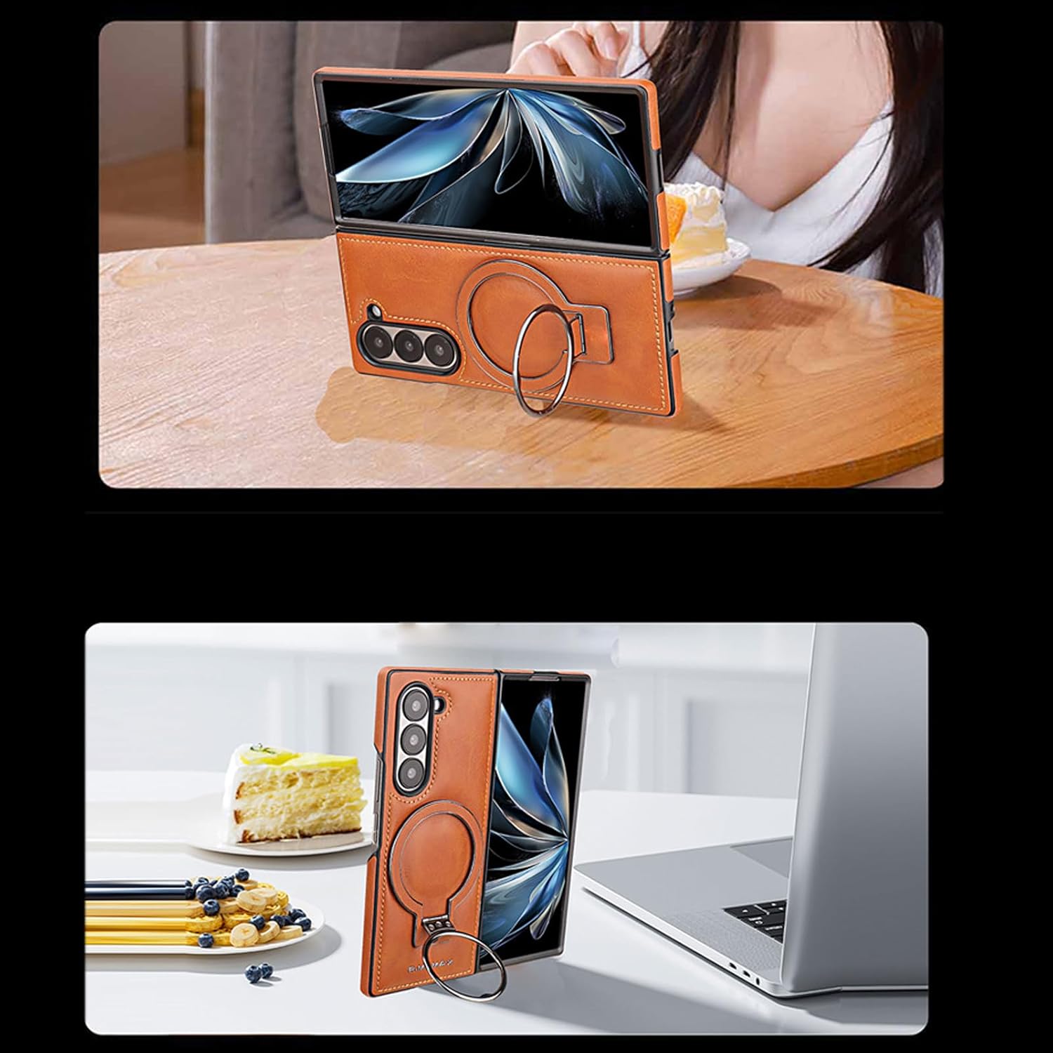 Purple, Leather Case for Samsung Galaxy Z Fold 6, Adjustable Metal Ring Holder Stand Phone Cover Retro Supports Wireless Charging