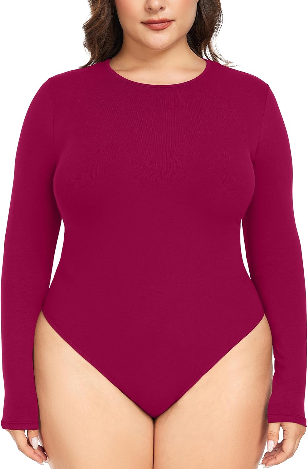FOREYOND Plus Size Bodysuits for Women Long Sleeve Crew Neck Body Suit Tops Casual Slim Fit Basic Leotards Shirts