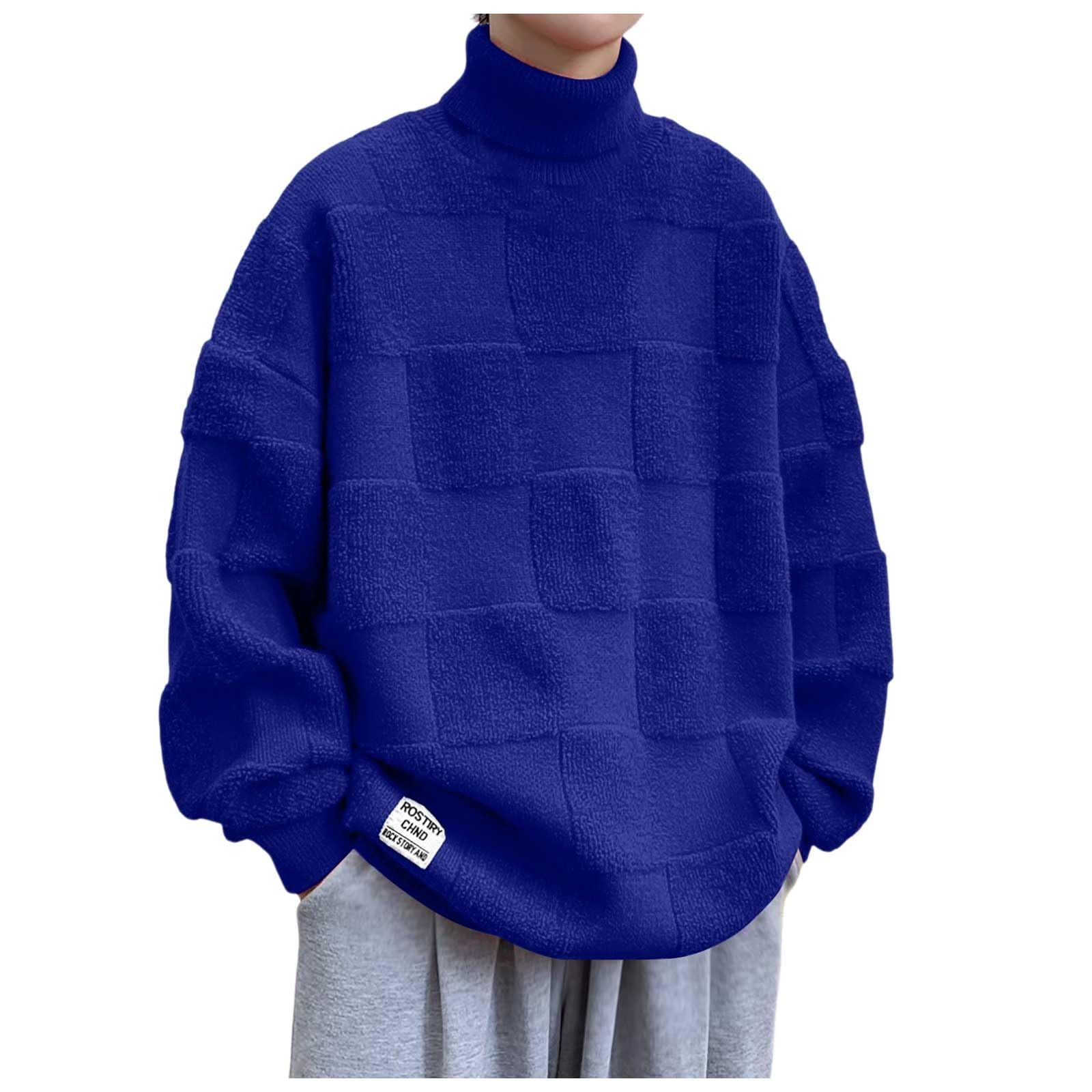Maglione da uomo a collo alto con risvolto, tinta unita, a quadretti, caldo