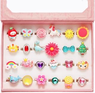 PinkSheep 24pc Adjustable Jewel Rings for Girls - Unique Pretend Play Dress Up Jewelry Set in Pink Gift Box Ages 3-8