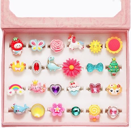 PinkSheep Little Girl Jewel Rings in Box, Adjustable, No Duplication, Girl Pretend Play and Dress Up Rings (24 Lovely Ring)