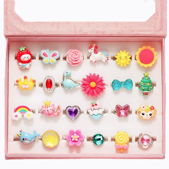 PinkSheep Little Girl Jewel Rings in Box Adjustable No Duplication Girl Pretend Play and Dress Up Rings 24