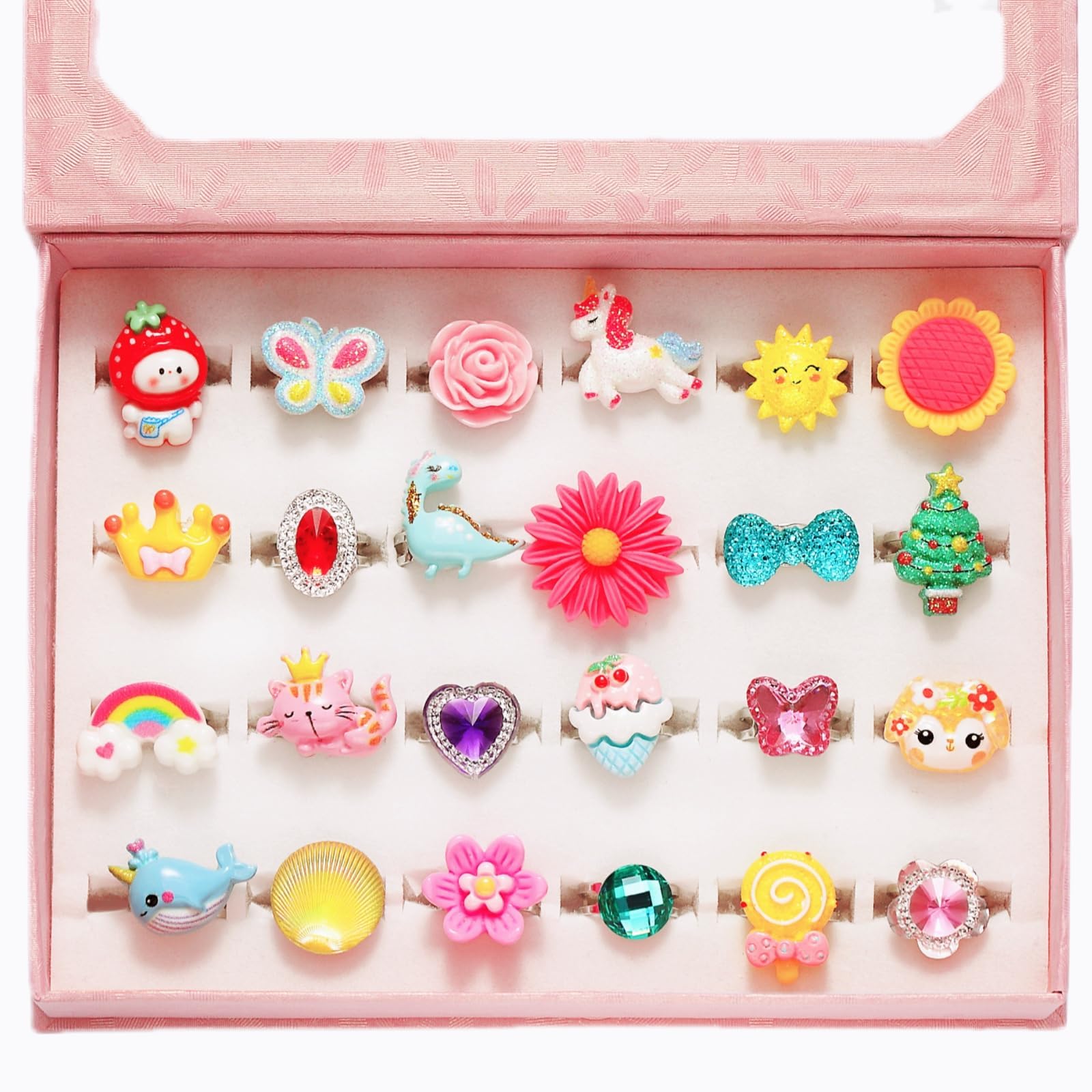 PinkSheep Anneaux bijoux pour petites filles Aspiree dans une boîte, Ajustables, Pas de duplication, Bagues de jeu et d'habillag
