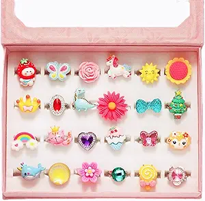 PinkSheep Little Girl Jewel Rings in Box, Adjustable, No Duplication, Girl Pretend Play and Dress Up Rings (24 Lovely Ring)