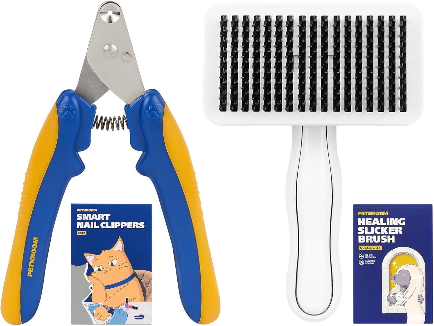PETHROOM Cat Grooming & Nail Care Bundle – Self-Cleaning Slicker Brush & Precision Cat Nail Clipper, Removes Loose Fur & Mats, Easy Deshedding, Safe & Accurate Trimming