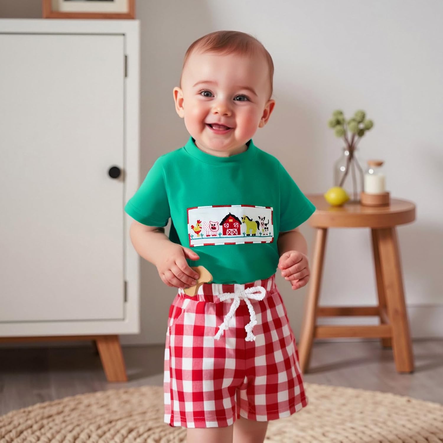 Toddler Baby Boy Clothes Farm Animal Embroidered Short Sleeve T-Shirt and Plaid Shorts Set 2Pcs Summer Outfit - Image 3