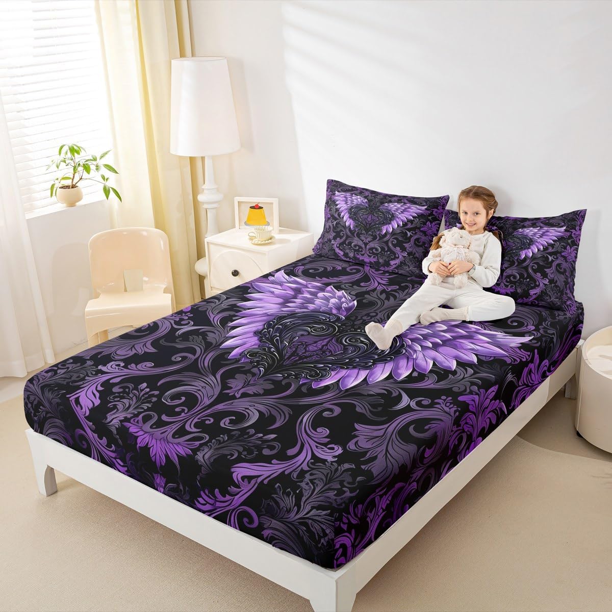 Purple Wings Fitted Sheet Full Size Daisy Pattern Bedding Set Bohemian Sheet Set,Botanical Leaf Bed Cover Ultra Soft Breathable Bedding 3 Pcs for Kids Teens Boys