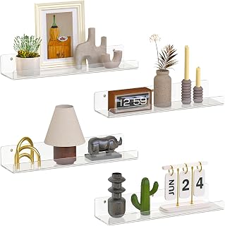 Dooiclear 4 Pack 15" Clear Acrylic Floating Wall Shelves - Sturdy Display Organizers for Kitchen, Bathroom, Bedroom, Living Room