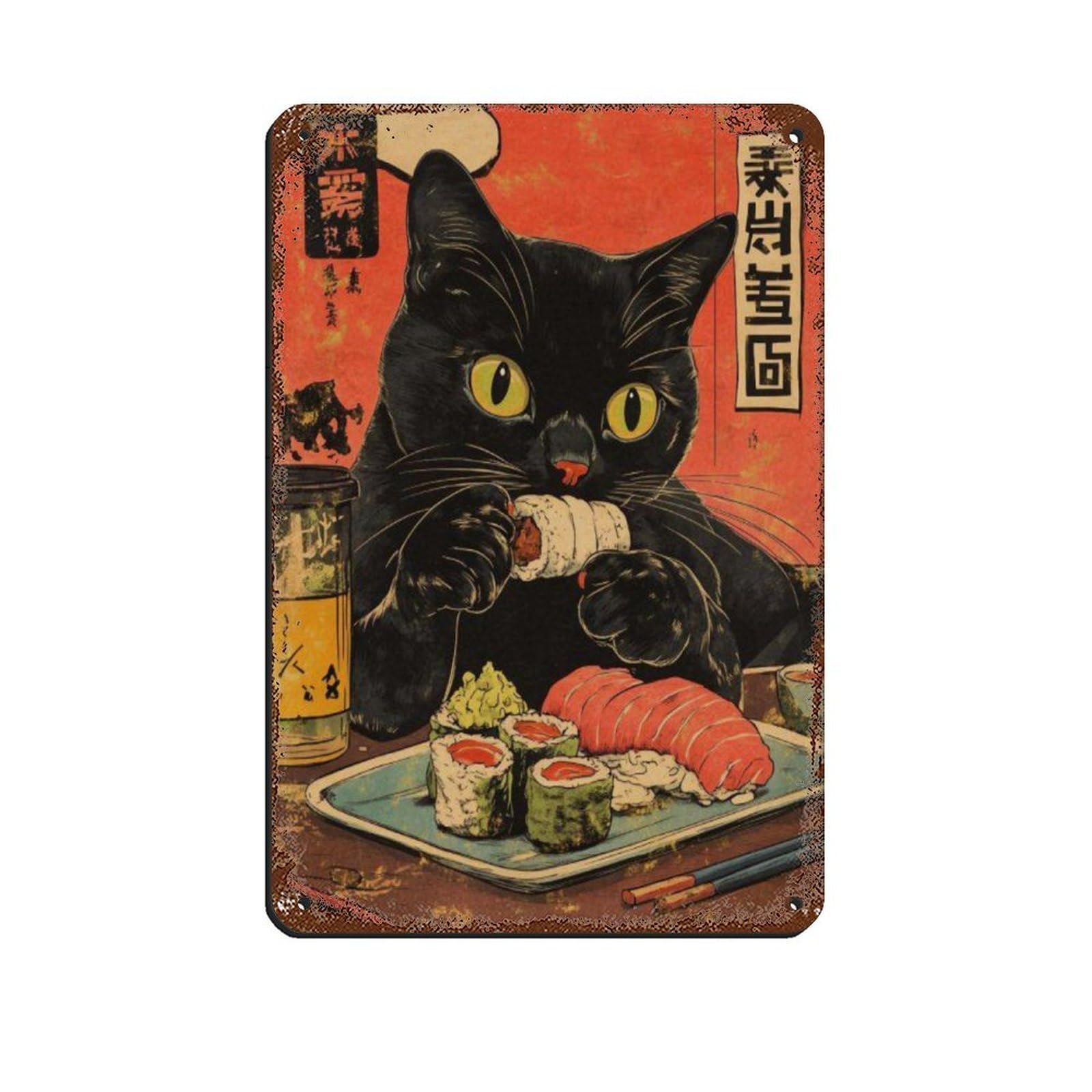 Lxwnze 20L X 30W Cm Cute Black Cat Eating Sushi Poster Tin Sign Vintage Metal Pub Club Cafe Bar Home Wall Art Decoration Poster Retro 8X12inch(20X30cm)