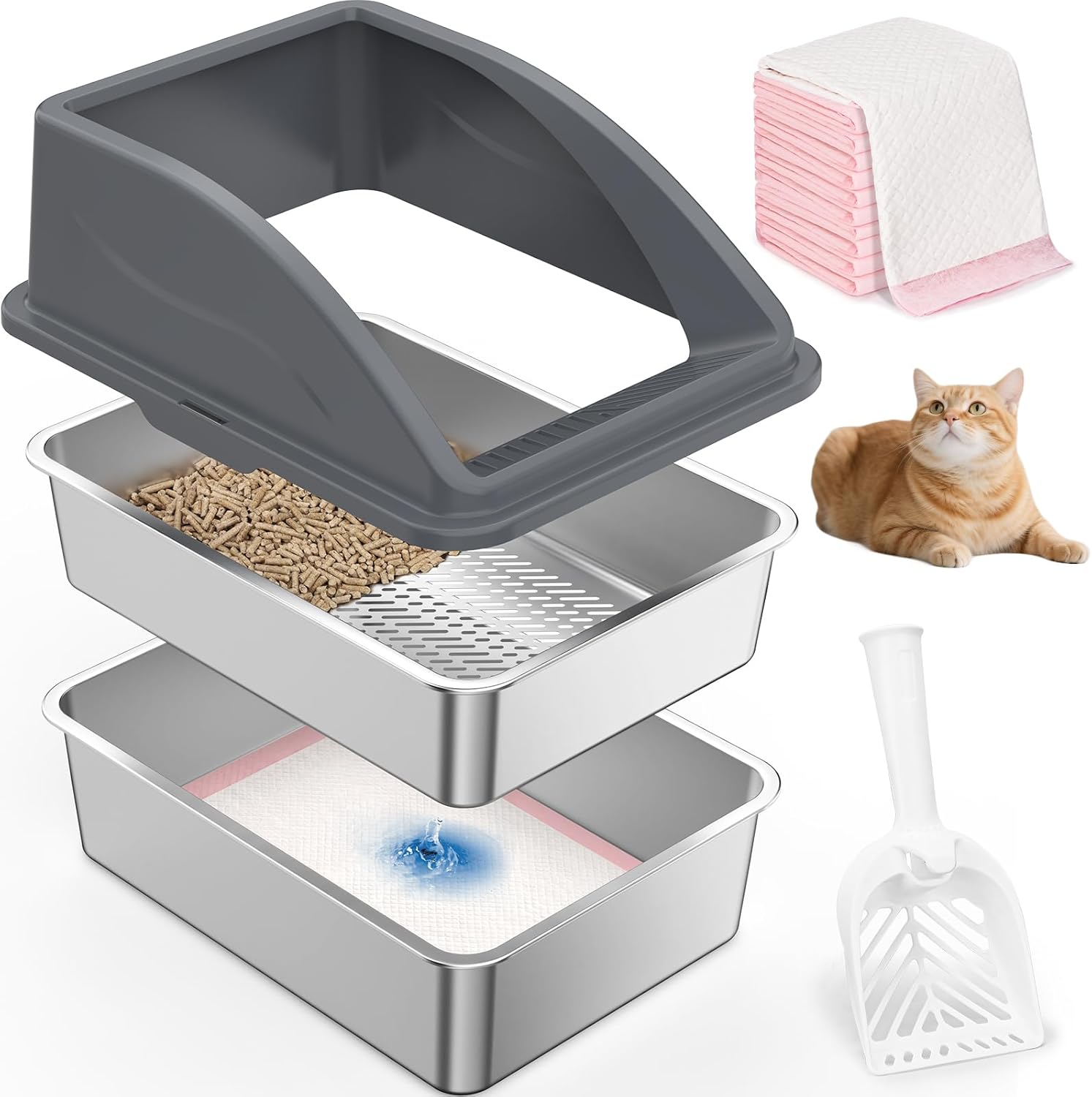Stainless Steel Litter Box for Pine Pellet Cat Non Clumping Litter System | XXL Sifting Cat Box with Lid for Big Cats | High Sided, Anti-Urine Leakage | Non-Stick Bottom XX-Large Dark Gray