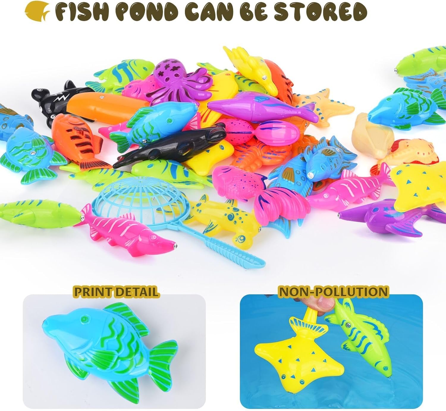 Set di 40 giocattoli da pesca magnetici per bambini con canna da pesca e rete, pesci galleggianti in plastica per vasca da bagno
