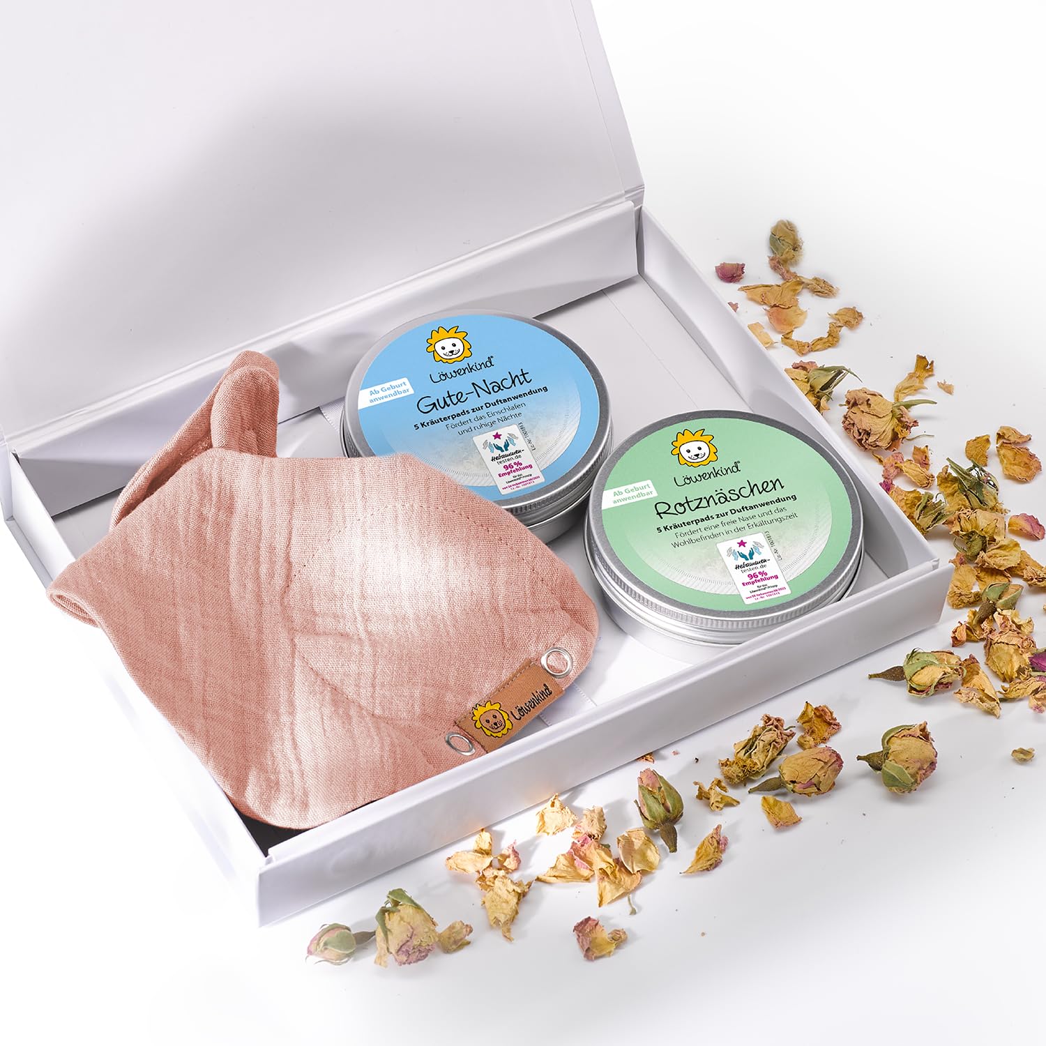 Löwenkind Geschenkset mit Dreieckshalstuch Mini (Altrosa) und Kräuterpads Gute-Nacht und Rotznäschen - Unterstützt bei Schlafproblemen und Schnupfen - Für Babys und Kleinkinder