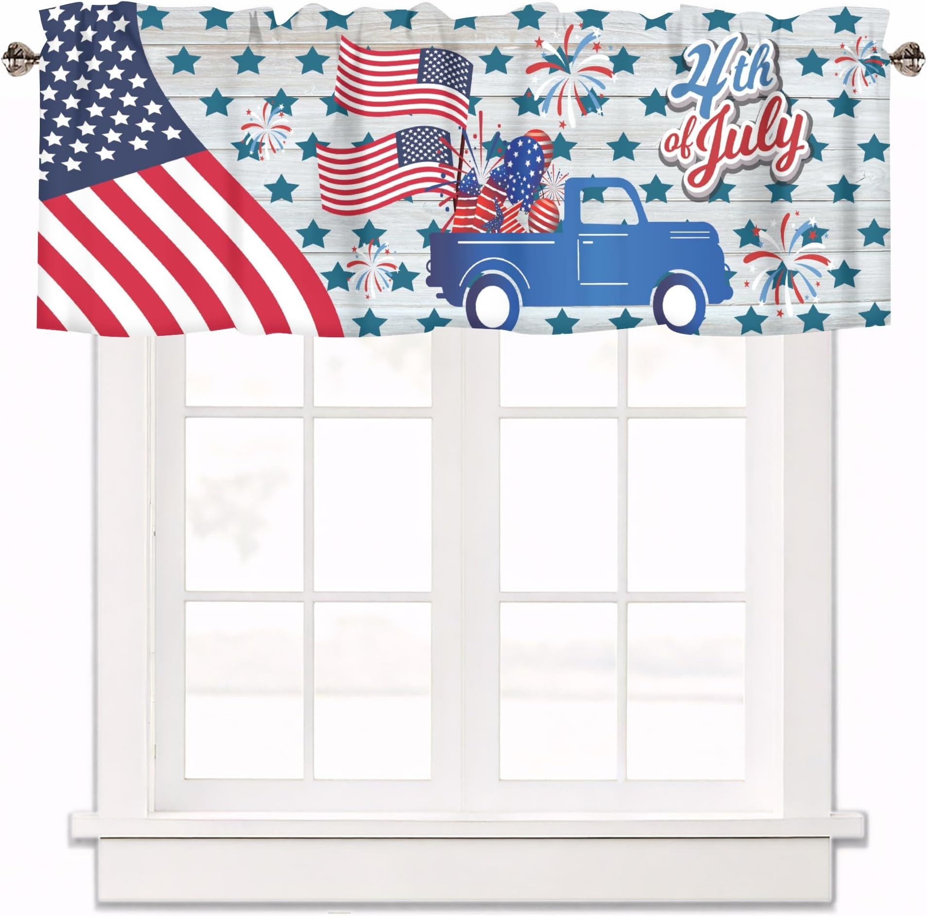 Independence Day Curtain Valance for Windows American Flag July 4th Truck Rod Pocket Window Treatments 1 Panel Short Curtains for Kitchen Windows Bathroom Bedroom,42 x 12 Inch