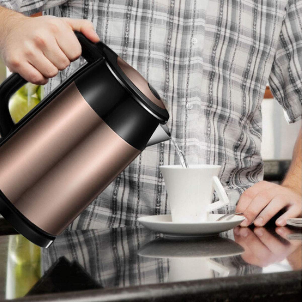 bollitore elettrico, Bollitori a doppio strato da 1, 7 l, potenza 1800 W, design silenzioso(Elegant Gold)