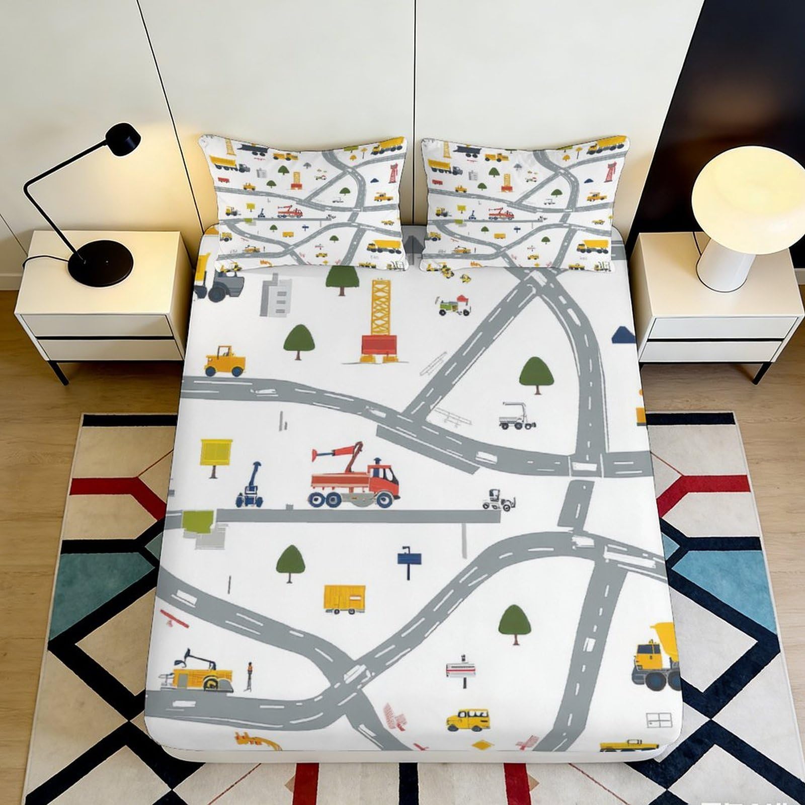 3D Printed Construction Vehicles Fitted Sheet Microfiber Anti-Slip Road Map Bed Cover for Bedroom Dorm Easy Care 180x200x25cm