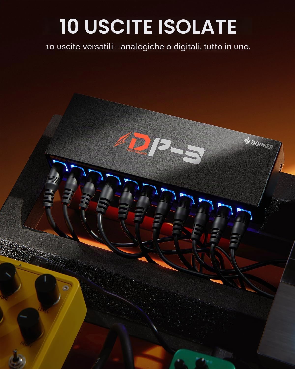 Donner DP-3 Alimentatore per Pedali Chitarra con 10 Uscite DC Isolate, Compatibile con Pedali 9V/12V/18V (100mA/300mA/500mA)