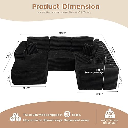 Miniatura 2 de HOOOWOOO Cloud - Sofás seccionales para sala de estar, sofá modular sin montaje, 110 x 79 pulgadas, de pana afelpada, juego de sofá grande