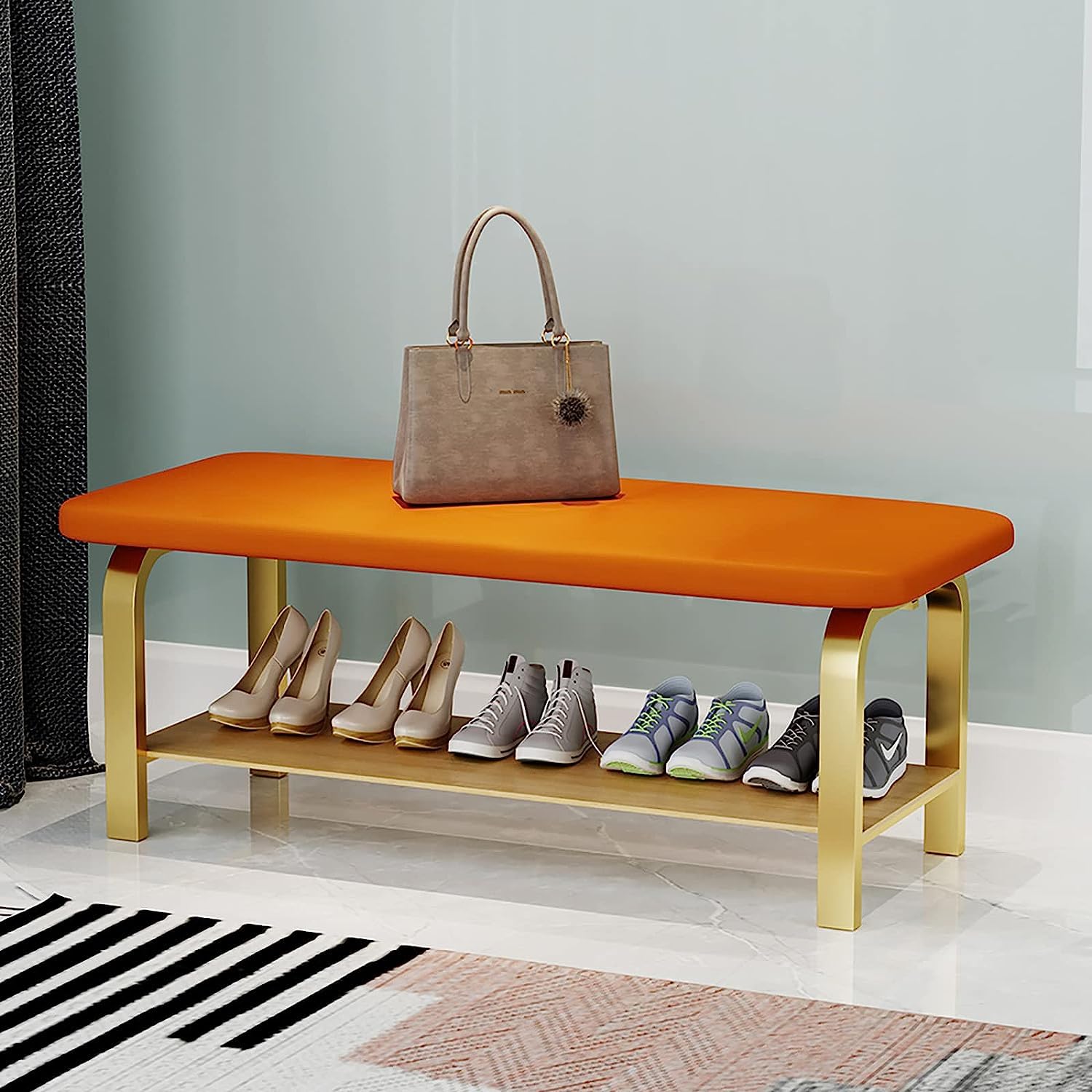 Banc à chaussures moderne en simili cuir orange et étagère de rangement en bois premium