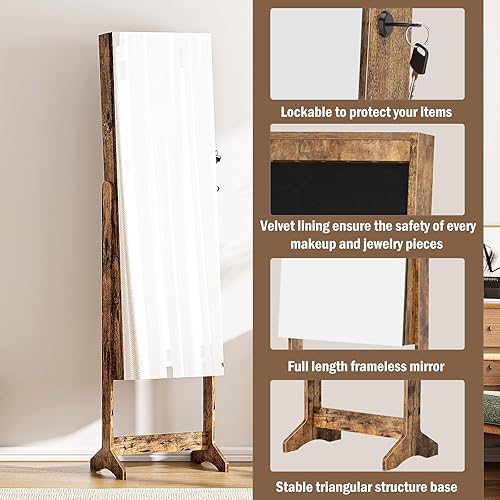 Miniatura 7 de soges Armario de joyería de pie independiente con espejo de longitud completa, organizador de joyas con cerradura, armario de espejo grande
