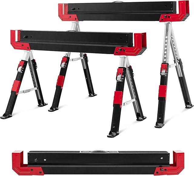 COSTWAY Twin Pack Folding Sawhorses, 62-82cm Height Adjustable Metal Saw Horse with Anti-Slip PVC Top and Convenient Handle, 1180kg Capacity Heavy Duty Trestle Stands