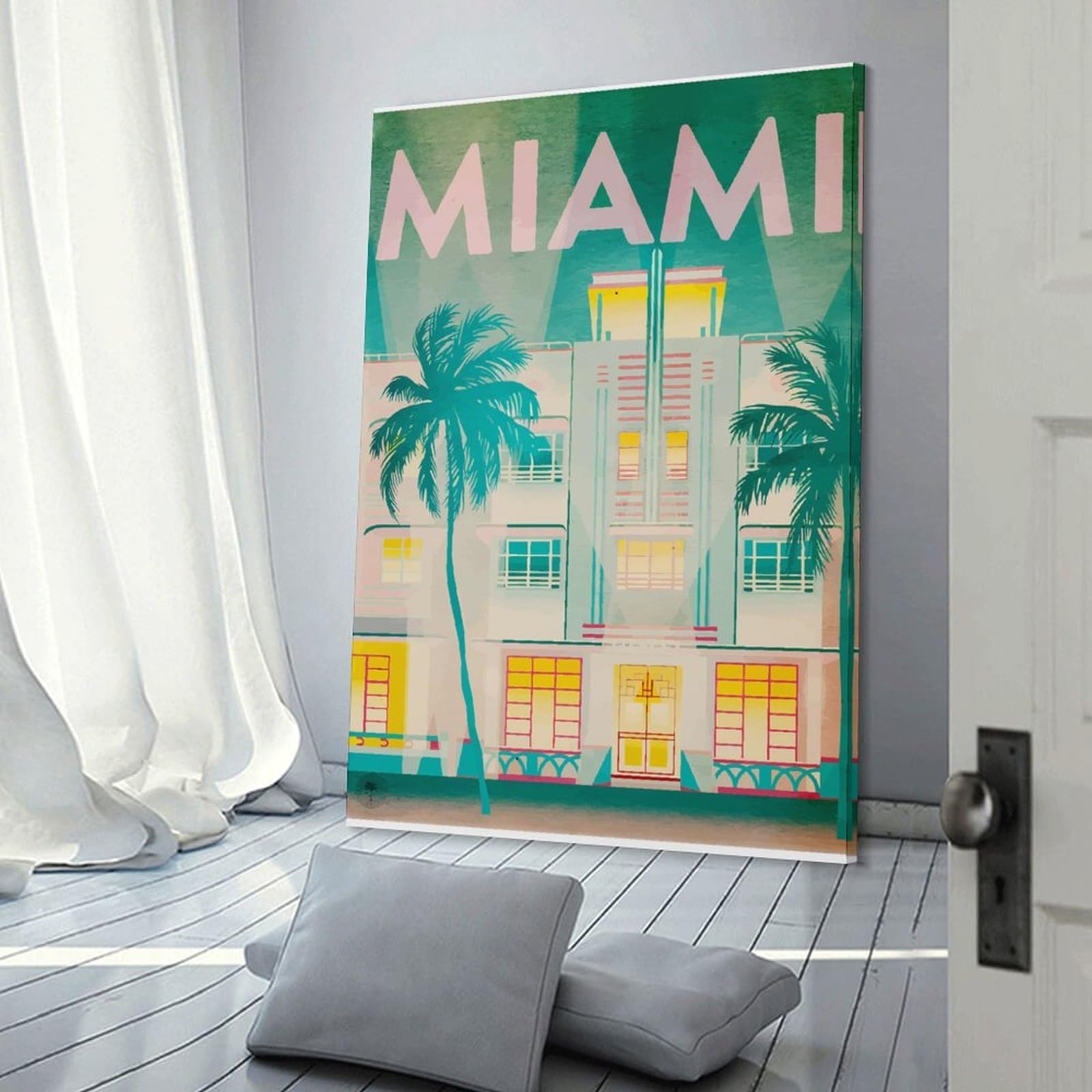 Junmoney Miami Art Deco Travel Canvas Wall Art, 08x12inch(20x30cm), for Bedroom, Guest Room Or Reading Nook, Decorative Wall Art for Cosy Rooms