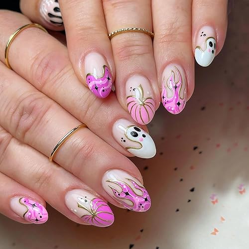 Uñas postizas de Halloween, uñas postizas medianas de punta francesa a presión, cobertura completa, calabaza, fantasma, sangre de Halloween, diseño