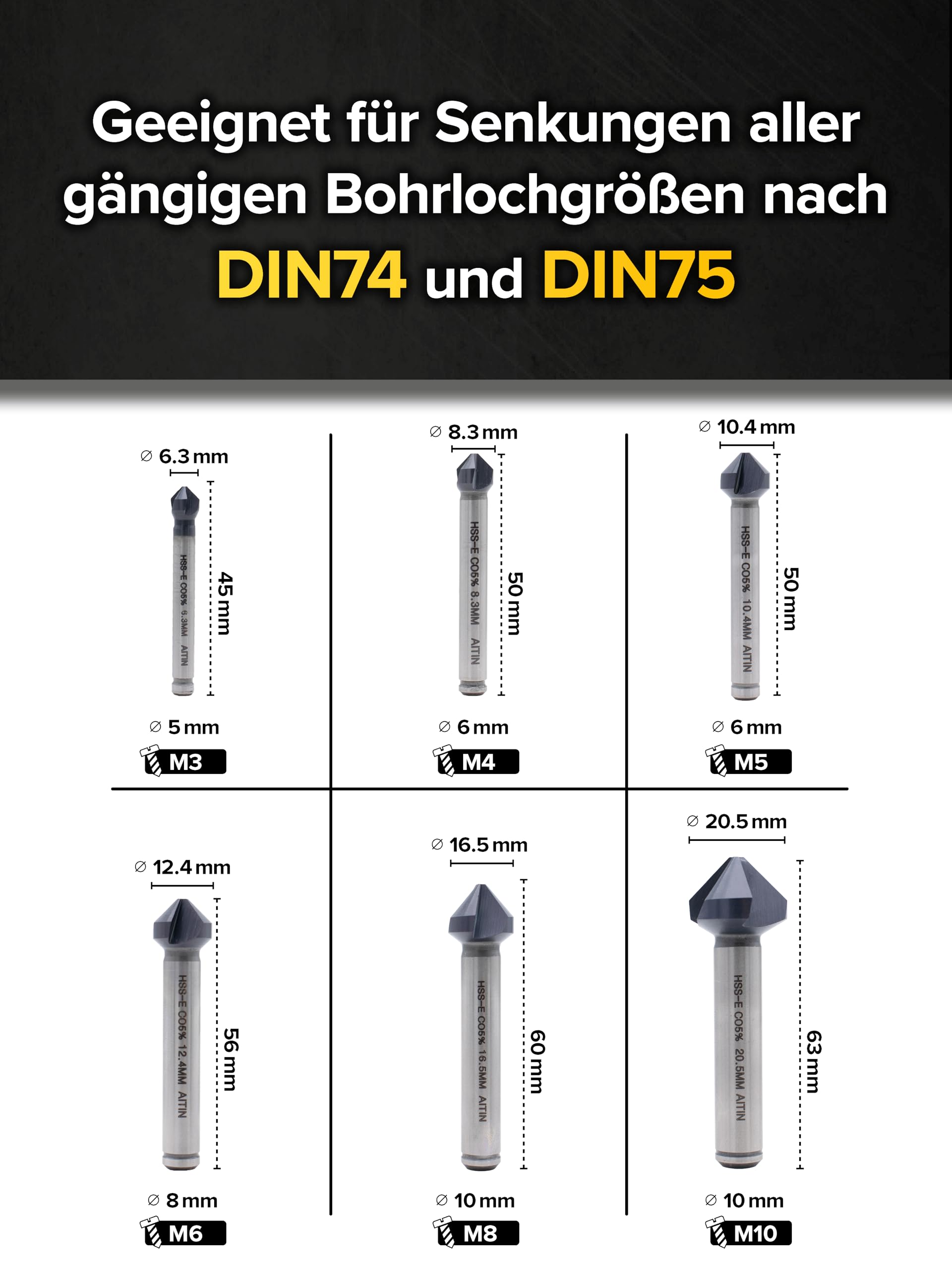 monkeystrong Kegelsenker Set Metall & Edelstahl HSS-E AlTiN 90° 6,3-20,5mm | Industriequalität, AlTiN bis 900°C, HSS-E Co5 Kobaltstahl, extra scharfer V-Schliff, Edelstahl, VA, Stahl, Alu, Kupfer