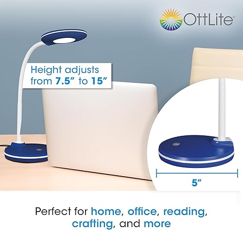 Miniatura 6 de OttLite Lámpara de escritorio LED de estudio, controles activados por tacto, 3 ajustes de brillo, LED ClearSun, cuello ajustable, diseño moderno