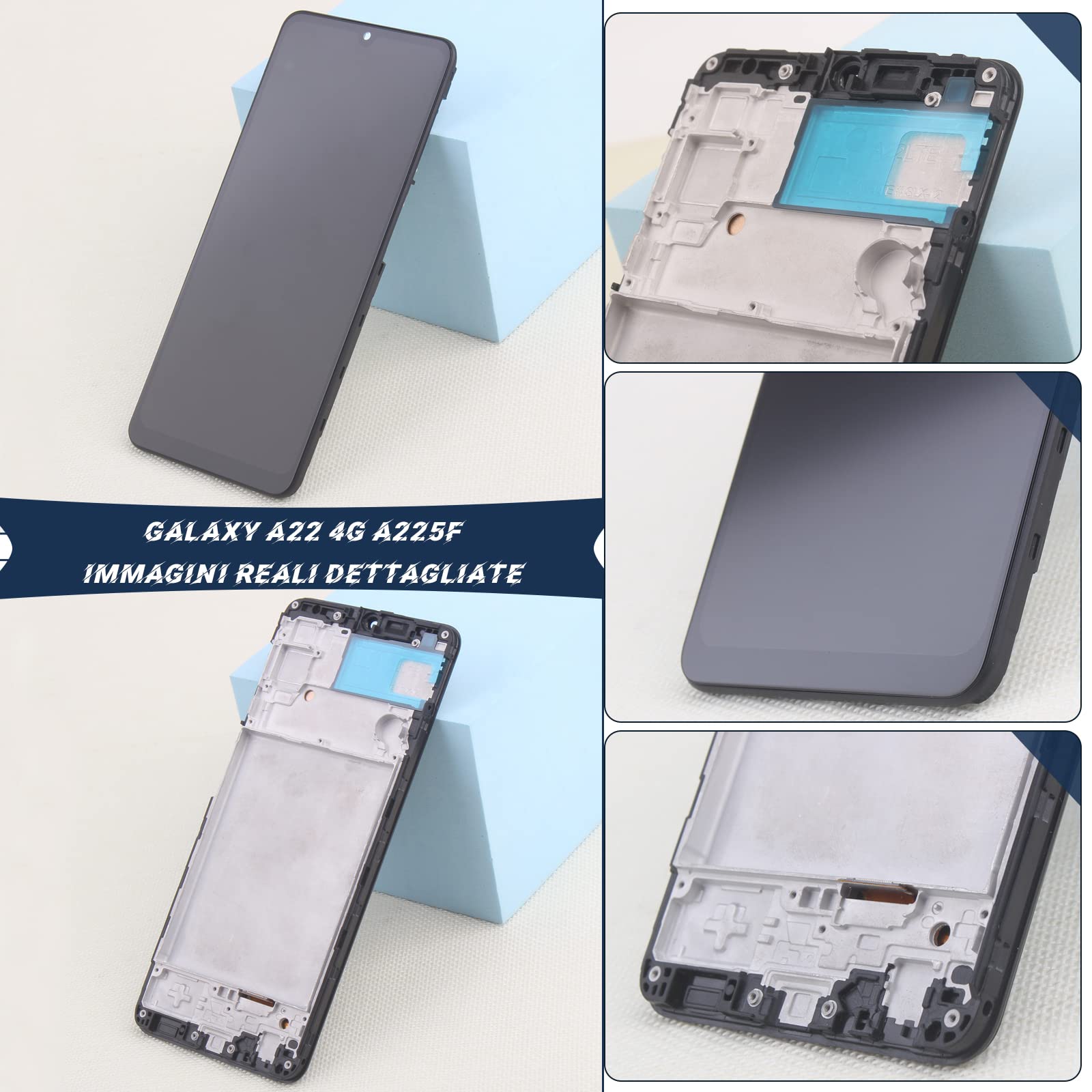 RongZy LCD Display per 6.4" Samsung Galaxy A22 4G A225F A225M Schermo LCD Touch Screen Assemblea Sostituzione di Vetro Digitalizzatore con Strumenti(Nero con Cornice)