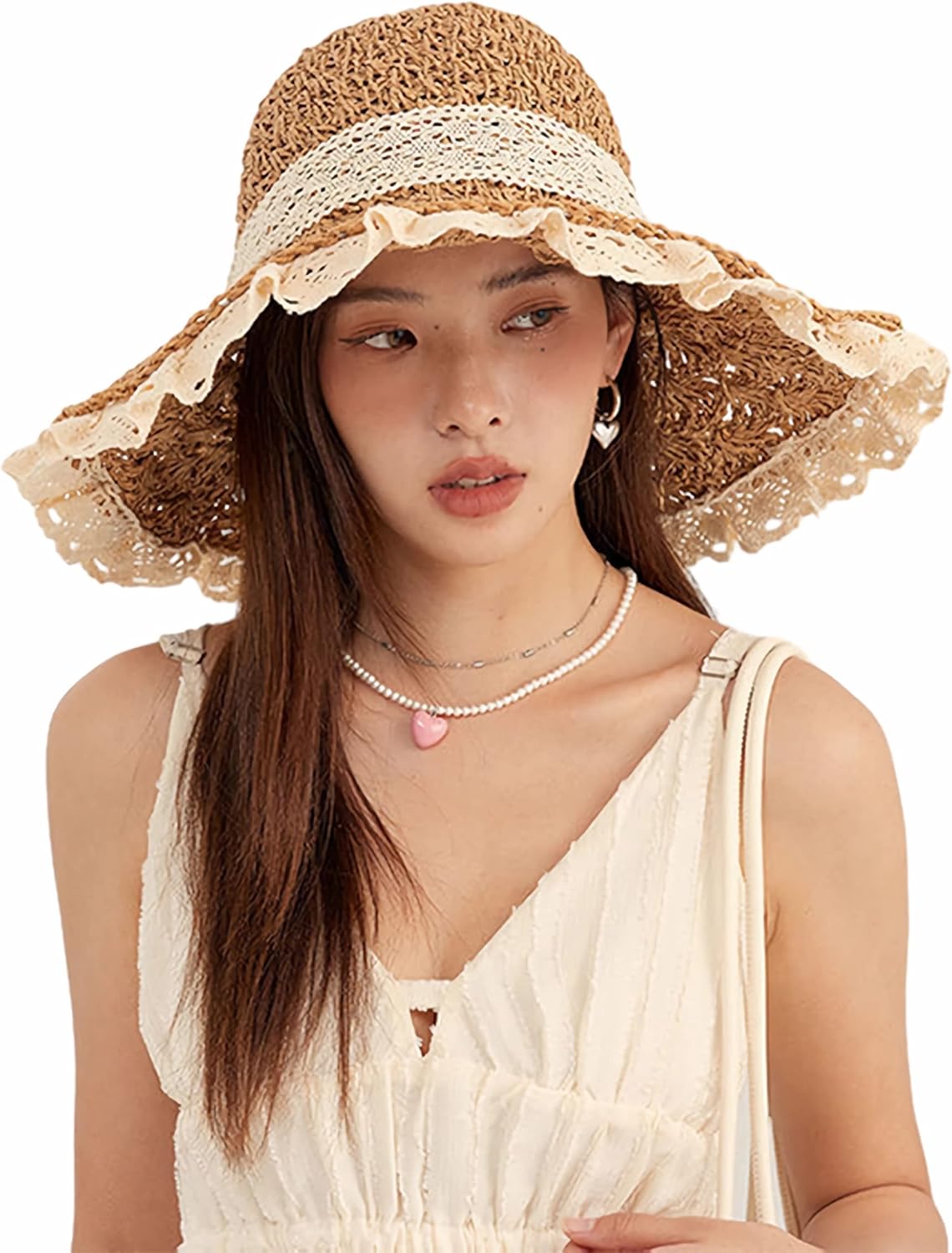 Women Beach Straw Hat Floppy Wide Brim Lace Sun Hat Foldable Packable Straw UPF50+ Summer Travel Sun Protection Beach Cap