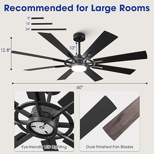 Miniatura 6 de Parrot Uncle Ventiladores de techo con luces y control remoto, ventilador de techo de 60 pulgadas para dormitorio, iluminación rústica negra,