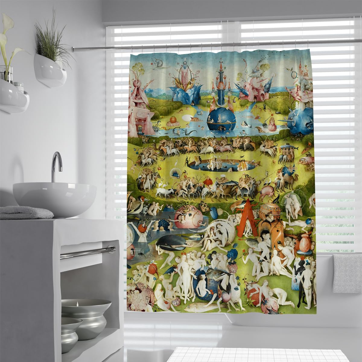 OLLIAR Home The Garden of Earthly Delights Shower Curtain Vintage Renaissance Art Fantasy Mythological Waterproof Fabric Bathroom Curtain Set with Hooks 180x160cm