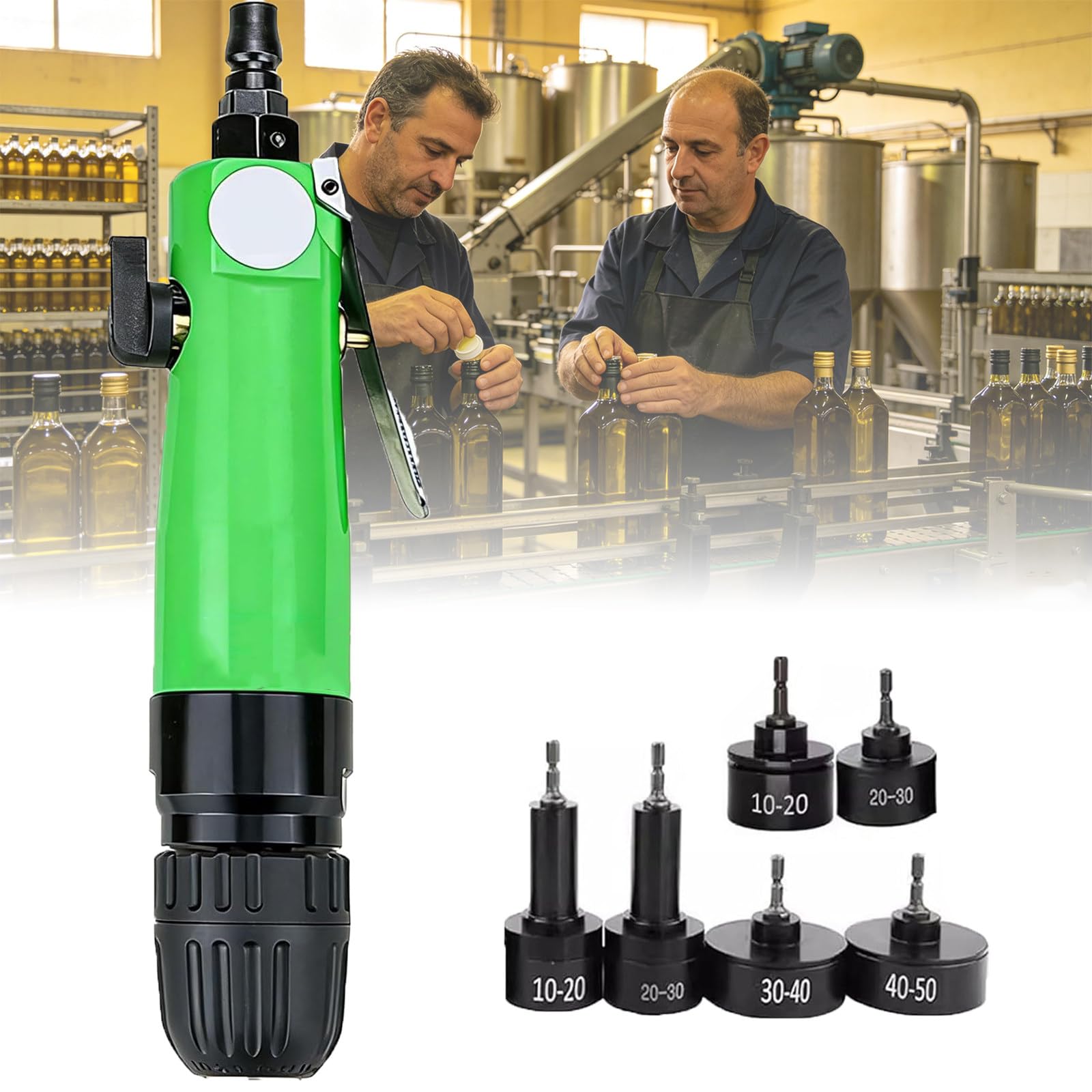 MiyKom Bottle Tightener Torque Sealing Tool for Various Caps, Handheld Bottle Sealer Machine with 6 Capping Heads, 2500 RPM Reversible Air Tightener for Leak-Proof Packaging, 4 CFM Air B