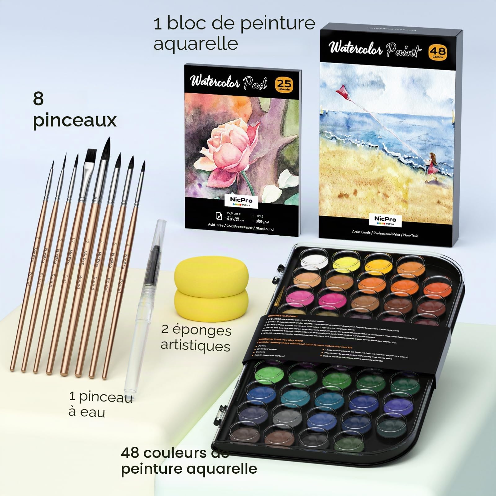 Nicpro Kit de Peinture Aquarelle, 48 Couleurs Aquarelles avec 8 Pinceaux, Palette, 25 Papiers Artistiques, 2 éponges, Fournitures de Peinture Non Toxiques pour Adultes, Débutants, Artistes